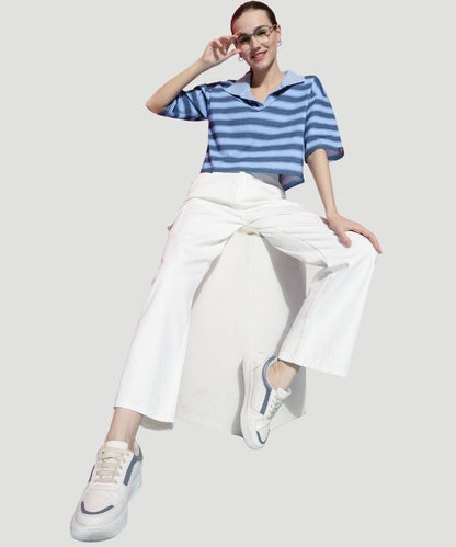 Women's Blue Striped Half Sleeves Loose Fit Top