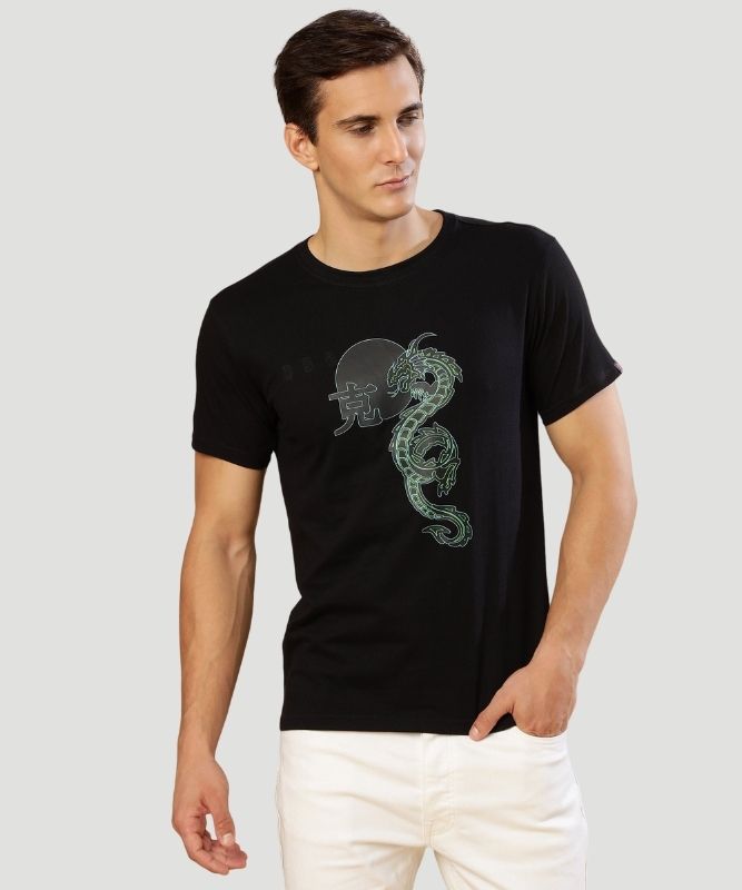 Men's Black Graphic Print Half Sleeves Regular Fit T-Shirt